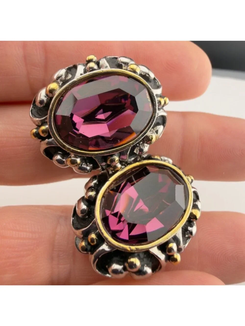 Vintage Clip On Earrings Rhinestone Two Tone Chunky Statement Purple Glass